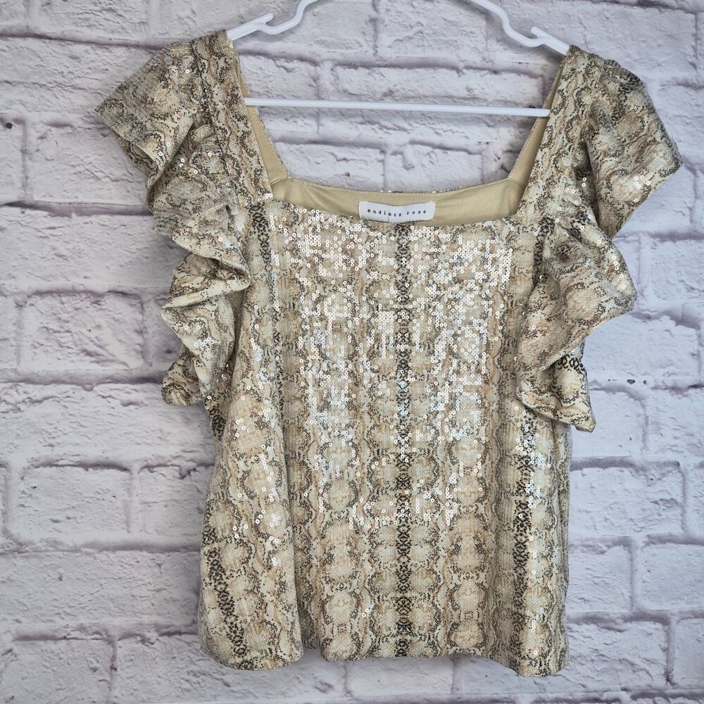 NWT Endless Rose Sequin Python Snakeskin Babydoll Top Ruffle Small Multi - Picture 6 of 10